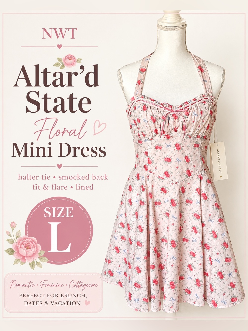 Altar’d State Floral Halter Mini Dress Pink Cottagecore Fit Flare NWT Size L